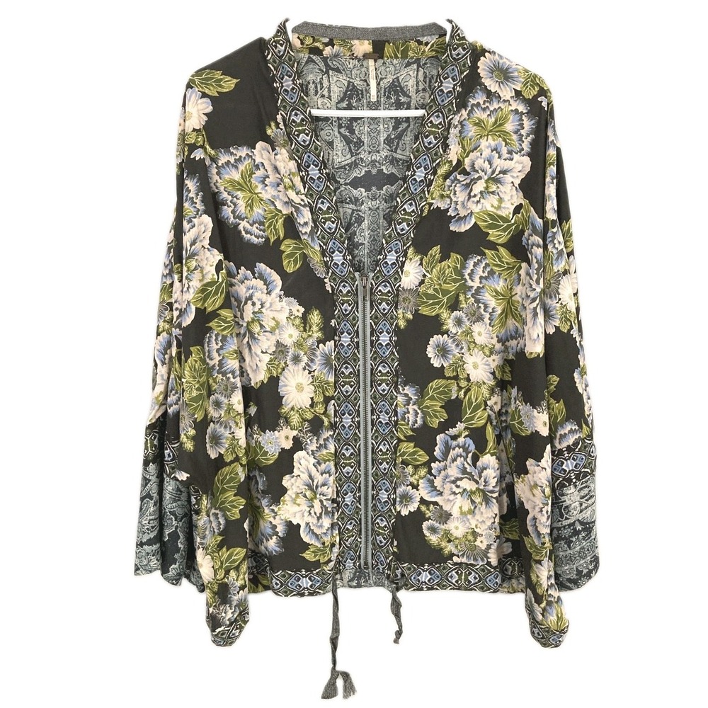 Free People Kimono Jacket Women M/L Black Floral Print Zip Boho Waist Tie